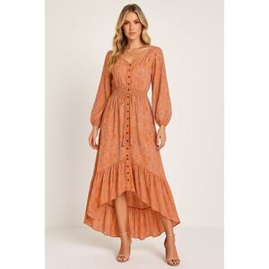 Boemo Maxi Dress Womens 2X Orange Pink Floral Tiered Smocked Boho Peasant Flowy‎